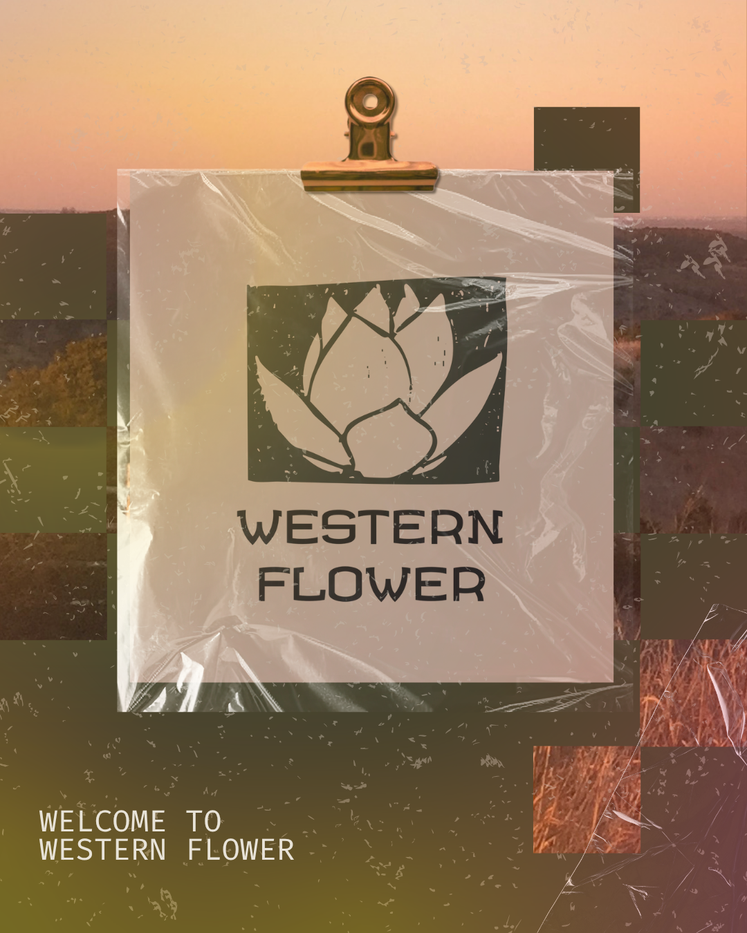 Western Flower logo beneath translucent, folded plastic sheeting, held by a brass metal clip